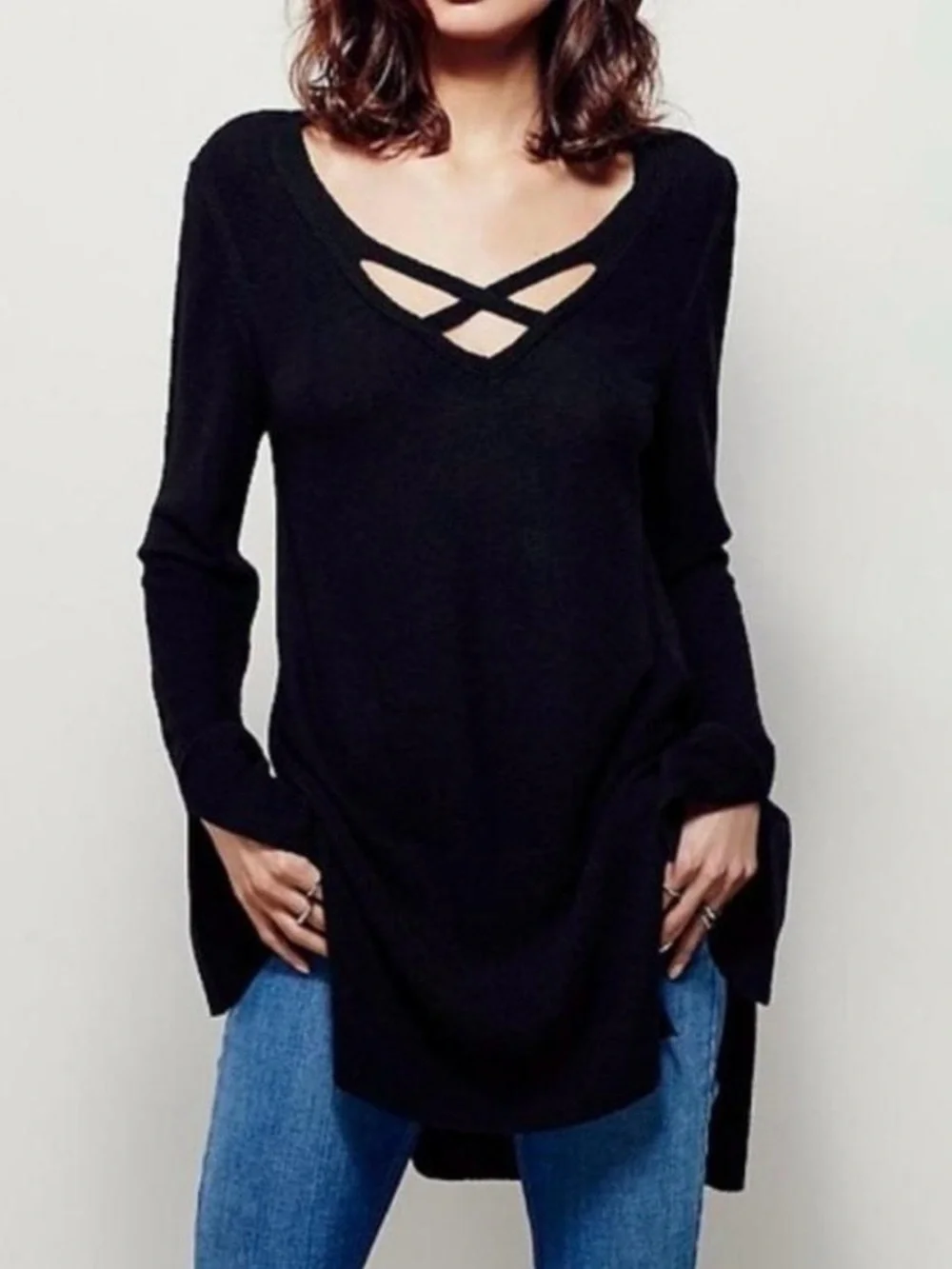 #195- Free People Criss Cross Tunic Black Knit‎ Sweater